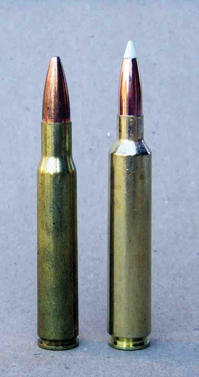 The new 6.5 Weatherby RPM (right) is designed to function in standard .30-06 (left) 3.340-inch actions.